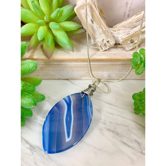 Striped Agate Necklace: Wire Wrapped Silver Snake Chain - Picture 3 of 6